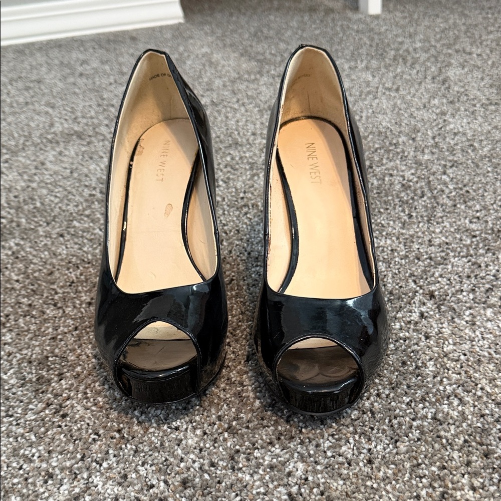 Nine West Glossy Black Peep Toe Heels